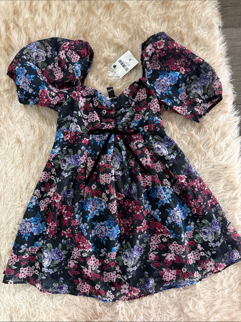 Forever 21 Black Floral Puff-Sleeve Dress with Blue, Purple, and Pink Blooms
